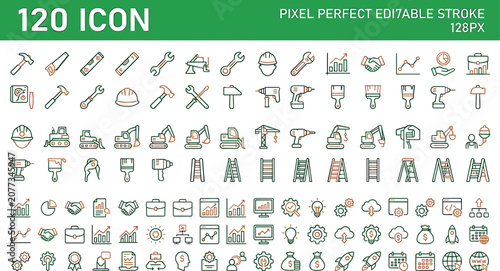 Space exploration astronomy science and solar Construction tools heavy machinery and business analytics management outline icons mega set featuring hand tools excavators ladders vector 