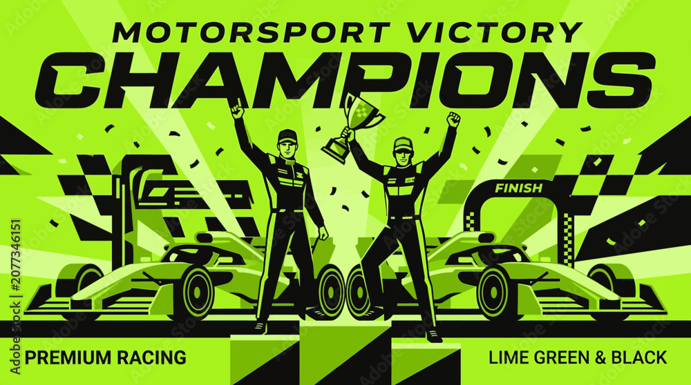 Obraz premium Motorsport Champions Victory Celebration With Trophy And Race Cars