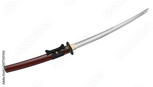 Japanese sword with brown handle.