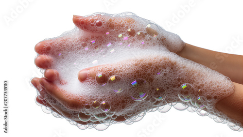 Fotografía Hands covered in rich white soap foam with colorful iridescent bubbles