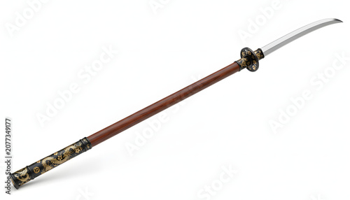 Japanese sword with red scabbard.
