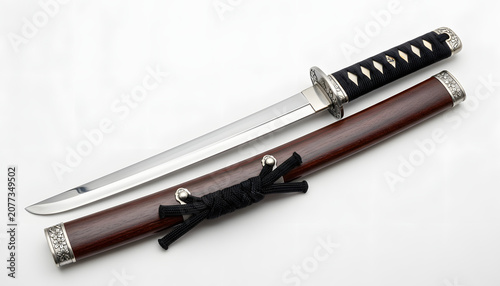 Japanese sword with brown scabbard.