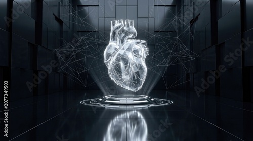 Digital transparent heart hologram floating in futuristic dark room with network connections
