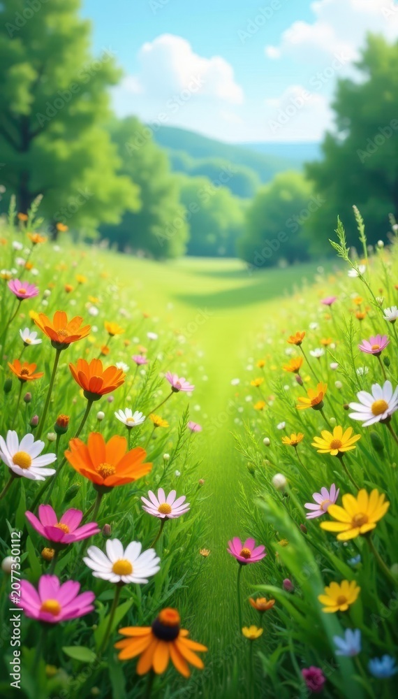 Fototapeta premium Lush wildflowers carpet vibrant green meadow under clear sky, nature, plant