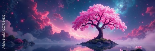 Massive sakura tree floats amidst swirling nebula, glowing blossoms drift , tree, bloom