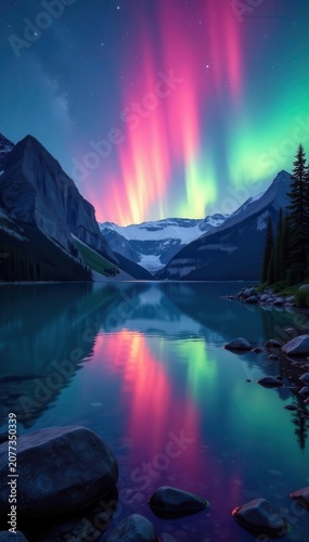 Mirror lake reflects twin suns and swirling aurora borealis , colorful, double sunset