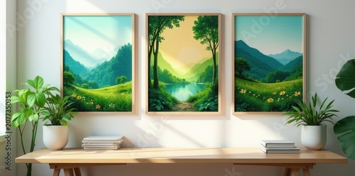 Nature-themed posters above wooden desk, greenery, botanical illustration, plants, green