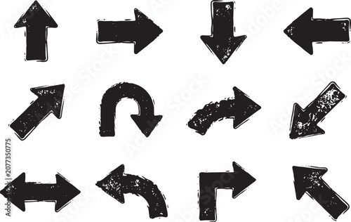 Abstract grunge arrow icons with rough paint brush strokes vector collection