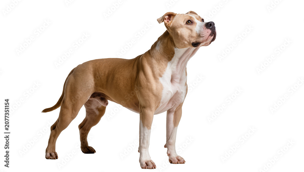 Fototapeta premium Tan and white Pit Bull dog standing alert