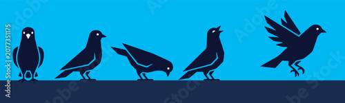 Quadro su tela Sequence of a black bird in silhouette showing different poses and actions against a blue background