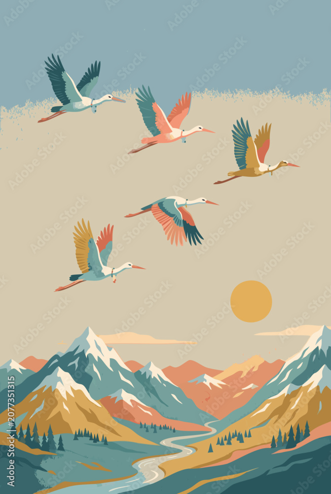 Fototapeta premium Flying cranes above colorful mountain valley with river sunset and peaceful alpine scenery