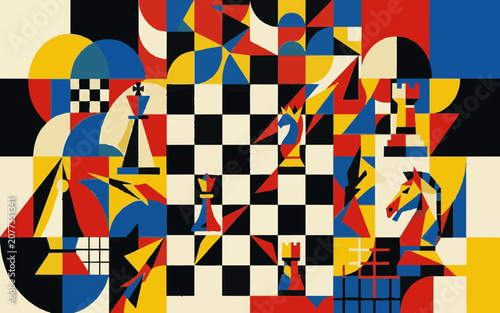 Fotografía Vibrant abstract graphic featuring mosaic chess pieces integrated into a bold geometric grid