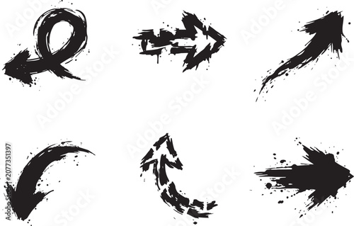 Grunge arrow vector set with rough brush strokes and painted direction symbols