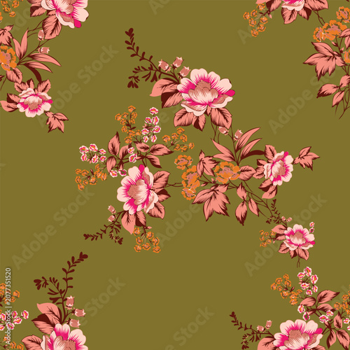 a floral pattern with pink flowers on a green background.Seamless Pattern with Pink and Orange Flowers on Olive Green Background.
