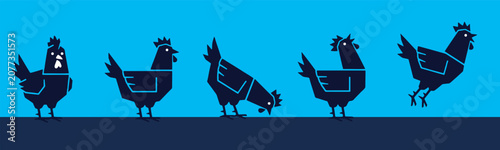 Photos A row of five stylized chickens in various poses, from standing to pecking and jumping, on a blue background