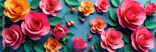 Vibrant paper roses, colorful backdrop, stunning display, spring, summer, pretty