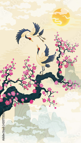 Traditional Korean folk painting, landscape with cranes, ultra-high-definition illustration, traditional East Asian art
