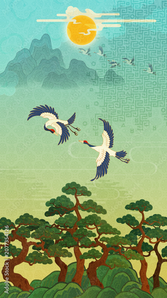 Fototapeta premium Traditional Korean folk painting, landscape with cranes, ultra-high-definition illustration, traditional East Asian art