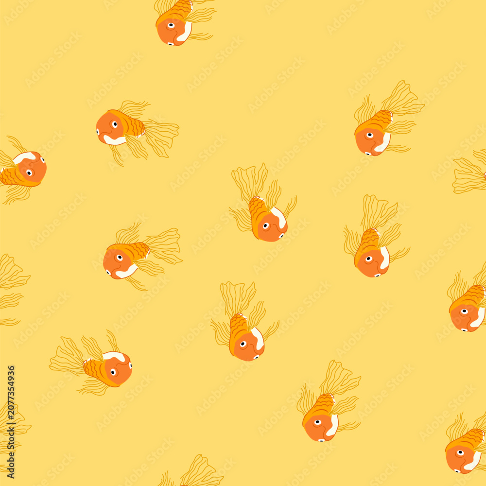 Obraz premium pattern breeding goldfish cartoon. comet fantail, oranda ranchu, shubunkin bubbleeye breeding goldfish sign. seamless vector illustration