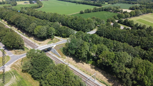 Obraz na plátně Aerial view of highway in countryside landscape