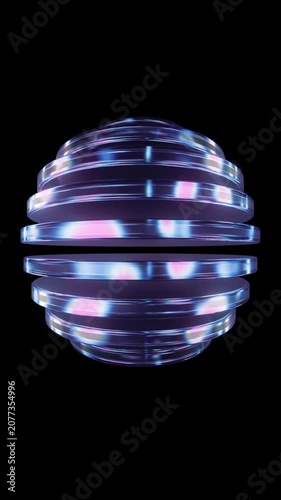 Glowing Glass Sphere Rings Futuristic Vertical Seamless Loop 3D Animation with Alpha Channel