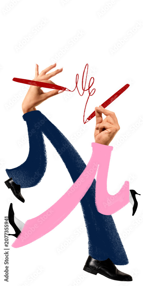 Obraz premium Mixed media hands drawing red line with walking legs artwork. Concept of creative brainstorming, business planning, project development, design thinking and problem solving.