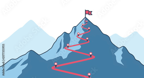 Vector illustration of a mountain peak with a winding red path marked by location pins leading to a summit flag, symbolizing achievement, progress, and business milestone success.