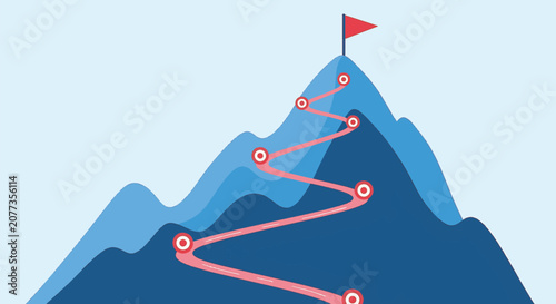 Minimalist vector illustration of a blue mountain with a winding red path, circular target checkpoints, and a red flag at the summit representing success and goal achievement.