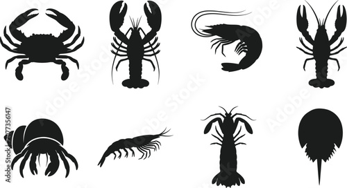 Photos Black silhouettes of marine crustaceans and arthropods vector icons isolated on