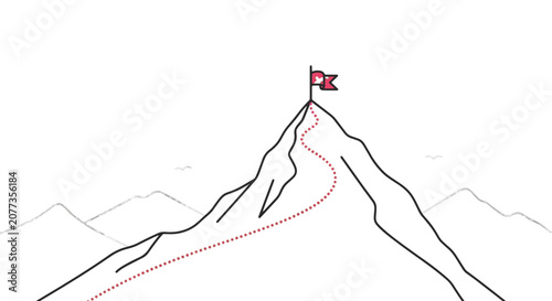 Minimalist vector line art illustration of a mountain peak featuring a red flag at the summit and a red dotted path representing a journey to success on a white background.