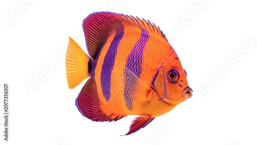 Vibrant colorful orange and blue striped tropical reef fish isolated on transparent background Png cut out