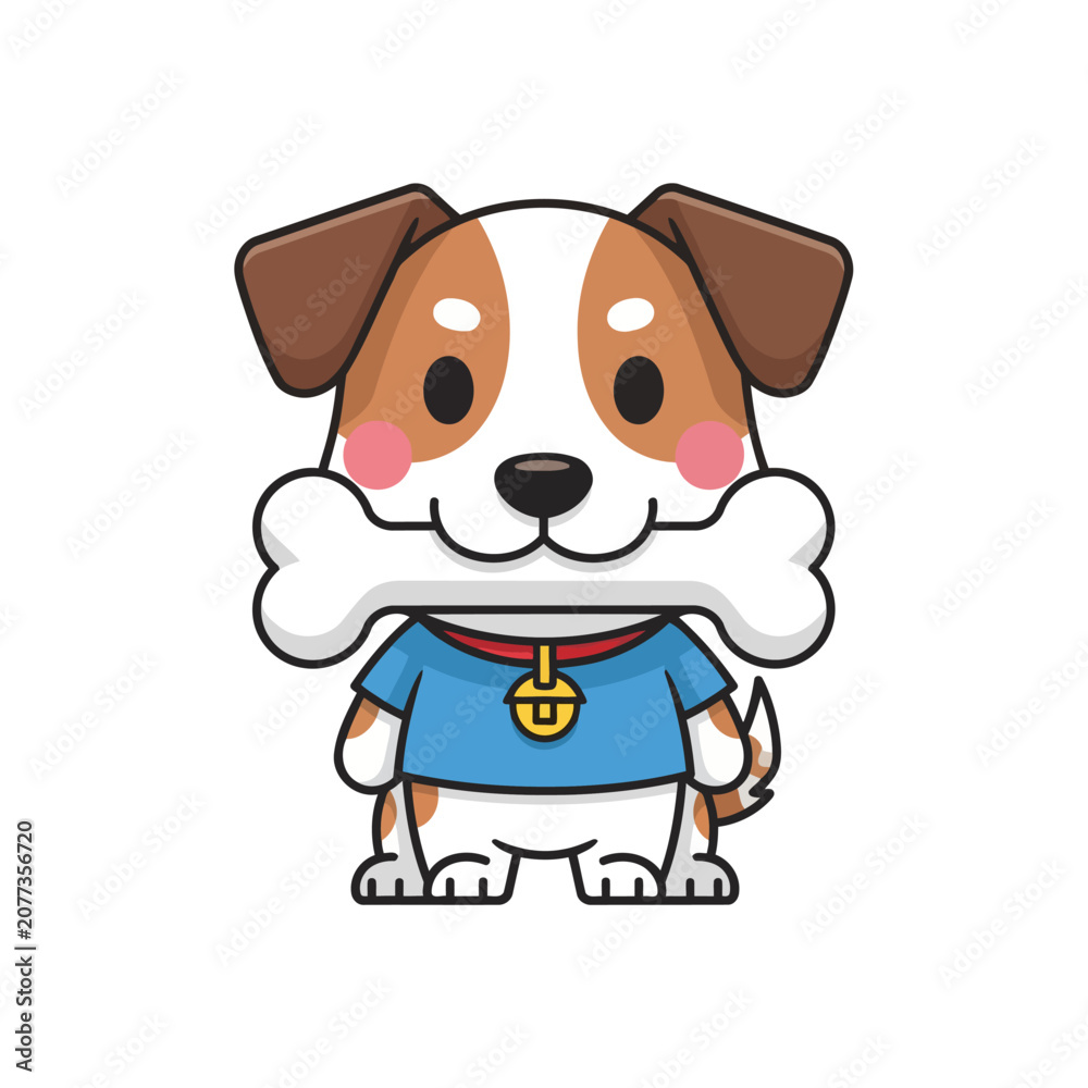Obraz premium A puppy proudly holds a large white bone in its mouth. Flat vector mascot design.