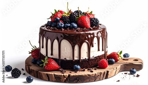 Delicious Chocolate Cake with Fresh Berries on Wooden Board
