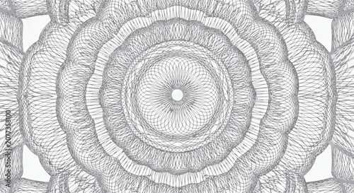 Intricate pale silver-blue guilloche line art with circular rosette pattern, geometric symmetry, and security background design for bank notes or certificates on white background.