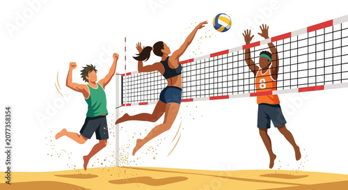 Flat character illustrations in summer beach volleyball game