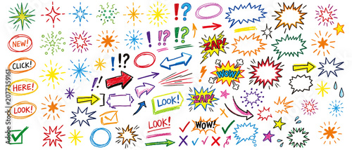 Vibrant marker pen doodles with speech bubbles and starburst shapes. Extensive array of hand drawn highlighter marks and comic icons. Colorful sketchy frames and pointer arrows for web design.