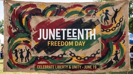 Artistic Juneteenth Freedom Day banner using vibrant Pan-African colors with expressive paint strokes, modern typography, textured background, inspirational celebration concept.


