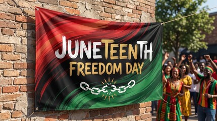 Artistic Juneteenth Freedom Day banner using vibrant Pan-African colors with expressive paint strokes, modern typography, textured background, inspirational celebration concept.

