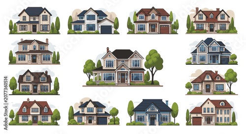 Set of ten diverse residential house architectural designs in a flat vector illustration style featuring various suburban homes with garages, green trees, and detailed facades.