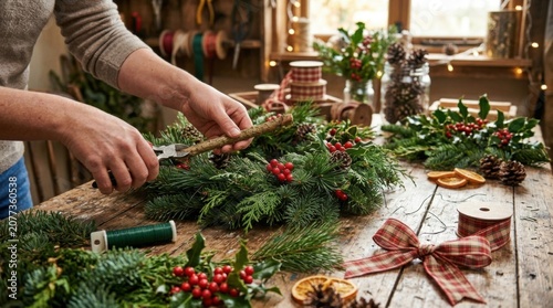 Handcrafting Fresh Christmas Wreath With Evergreen Branches