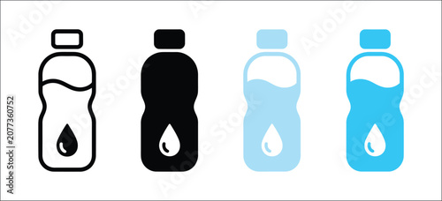 Water bottle icons, hydration app interface symbols, drinking water container collection, beverage packaging graphics, reusable bottle icons, clean flat vector illustration isolated on white backgroun