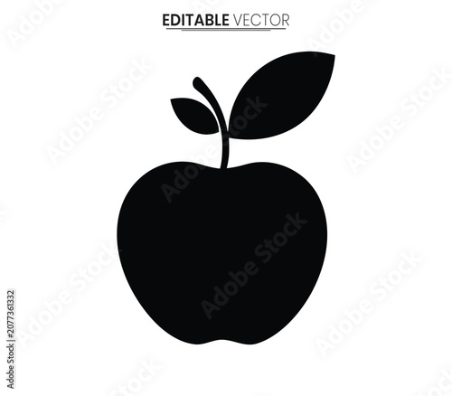 Black Silhouette Of Apple With Leaf Editable Vector Graphic On White Background