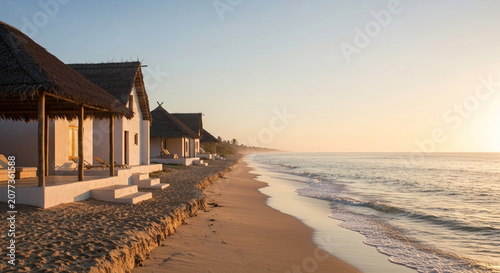 A row of thatched roof white beach villas located on a sandy shoreline under a clear sunrise sky by the ocean waves.