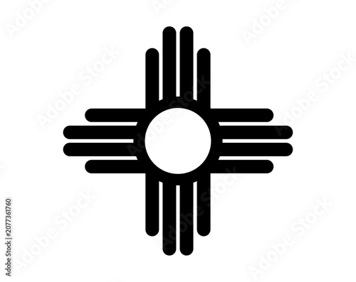 Vector Illustration of the Zia Sun Symbol featuring a Central Circle with Four Groups of Four Radiating Lines Isolated
