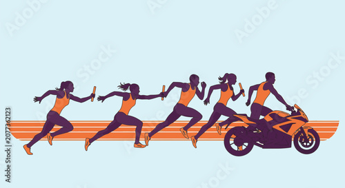 Vector illustration of male and female athletes in a relay race passing batons on a track, culminating with a runner transitioning to a sport motorcycle on a light blue background.