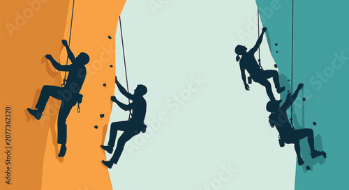 Minimalist vector illustration of male and female rock climber silhouettes scaling vertical orange and teal cliffs with ropes and harnesses against a light background.