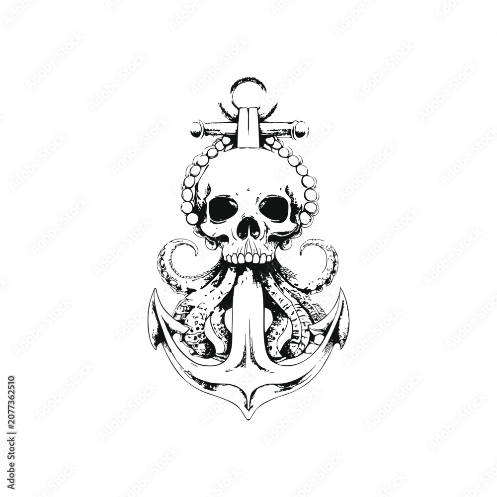Fototapeta premium Skull Octopus Anchor Illustration, Black and White Vintage Nautical Engraving Vector Art