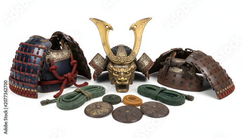 Samurai armor and helmet pieces.