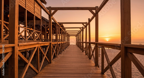 A perspective view of a timber boardwalk with railings and overhead beams leading toward the ocean during a golden sunset.