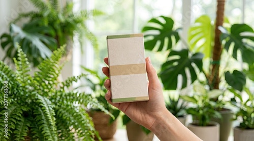 Eco friendly packaging close up in natural light setting with green foliage background, ideal for sustainable product design and branding concepts
